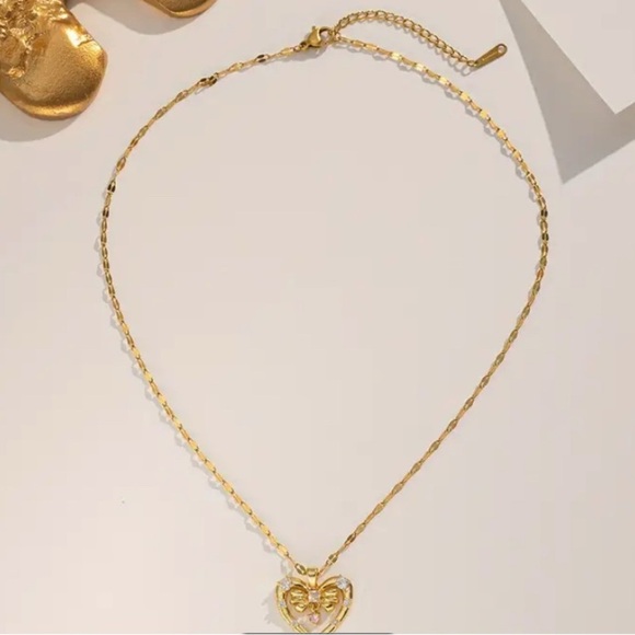 Gold Tone Heart Pendant Necklace with Intricate Openwork Design - Picture 2 of 6